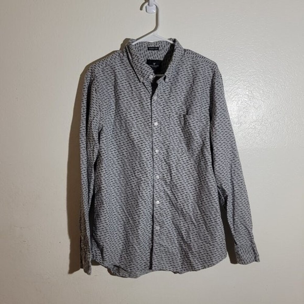 American Eagle AE Mens Seriously Soft Cotton Button Up Shark Gray Print sz L GUC